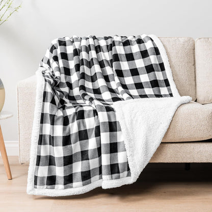 Checkered Sherpa Throw Blanket Couch Sofa Bed, Black White, 50X60